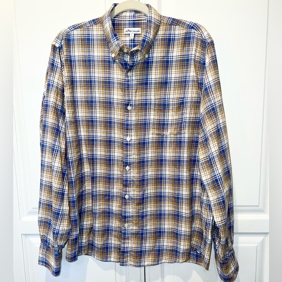 Peter Millar Classic Crown Blue and Tan Plaid Button Down Shirt Large - Picture 2 of 4